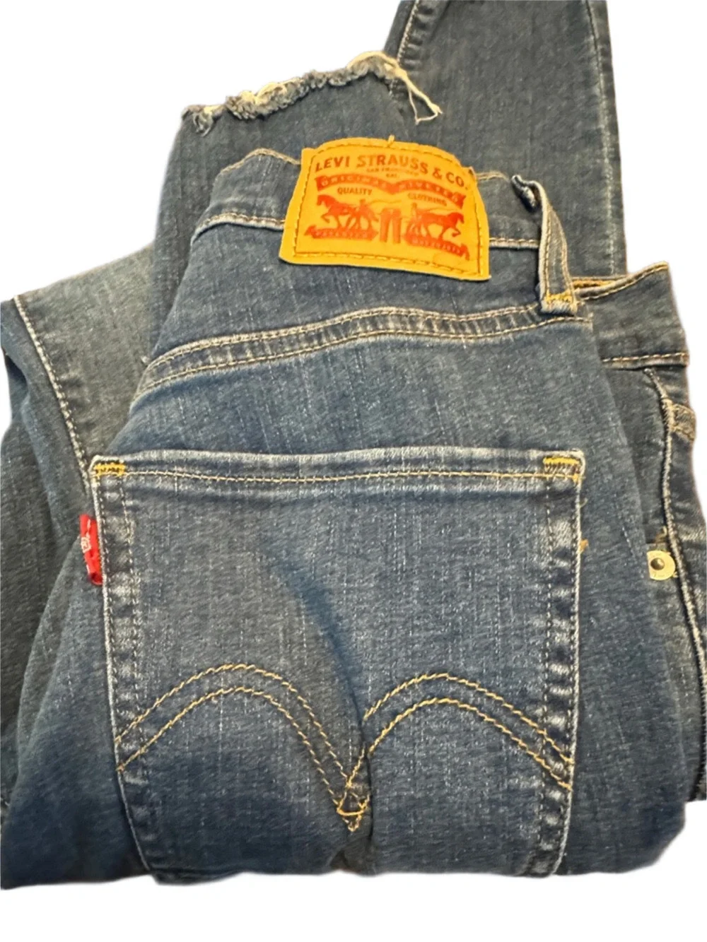Levi's Dark Blue Distressed Mile High Super Skinny Denim Jeans with Raw Hem 27